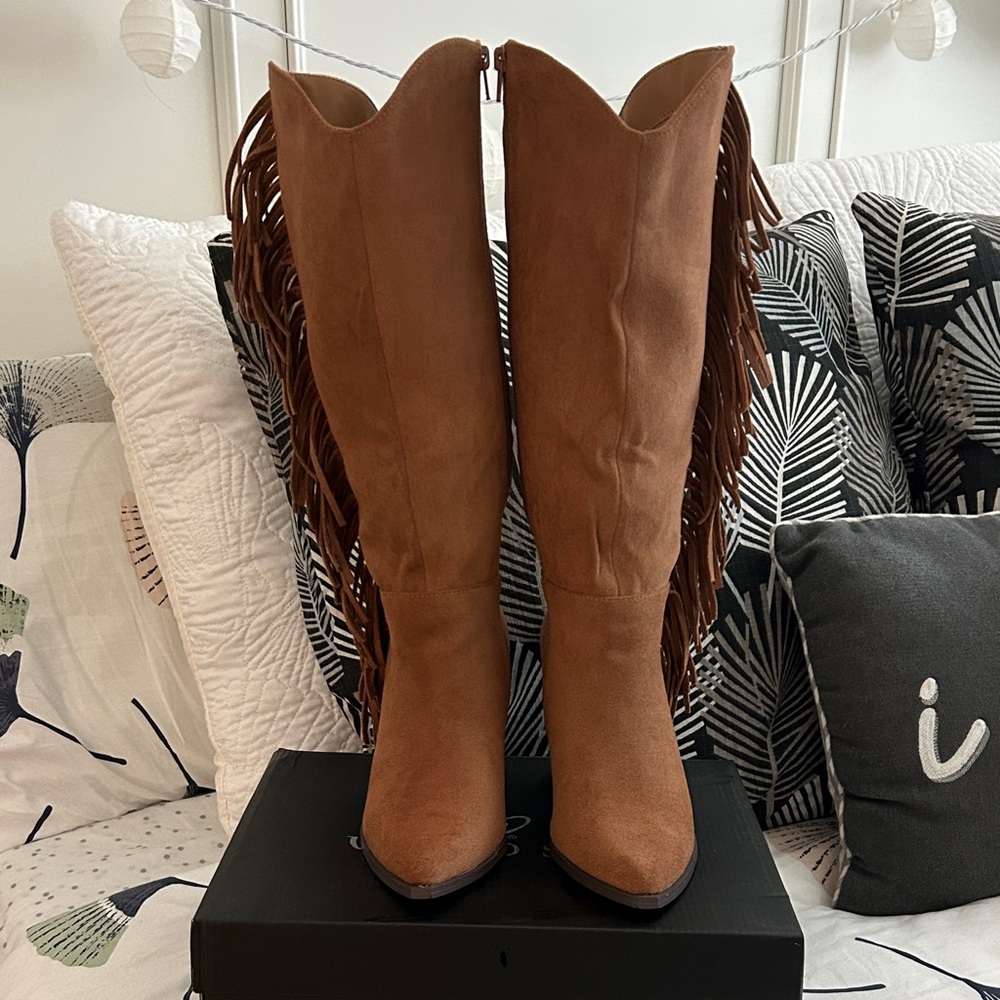 Windsor Cognac Suede Fringe Knee-High Boots - Picture 4 of 9
